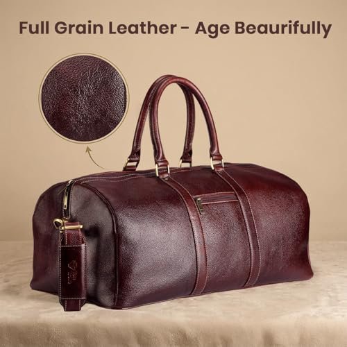 Full Grain Genuine Leather Travel Duffel Bag 55L Premium Weekender Bag for Men Leather Overnight Bag with Shoulder Strap Travel Luggage (Brown) - Image 2