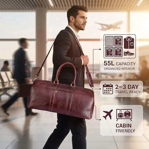 Full Grain Genuine Leather Travel Duffel Bag 55L Premium Weekender Bag for Men Leather Overnight Bag with Shoulder Strap Travel Luggage (Brown) - Image 3