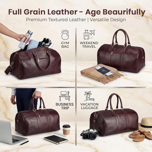 Full Grain Genuine Leather Travel Duffel Bag 55L Premium Weekender Bag for Men Leather Overnight Bag with Shoulder Strap Travel Luggage (Brown) - Image 4