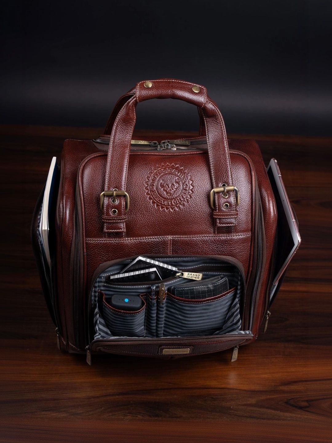 BRAND LEATHER Genuine Leather Underseat Carry-On Rolling Travel Luggage Trolley Bag - Image 4