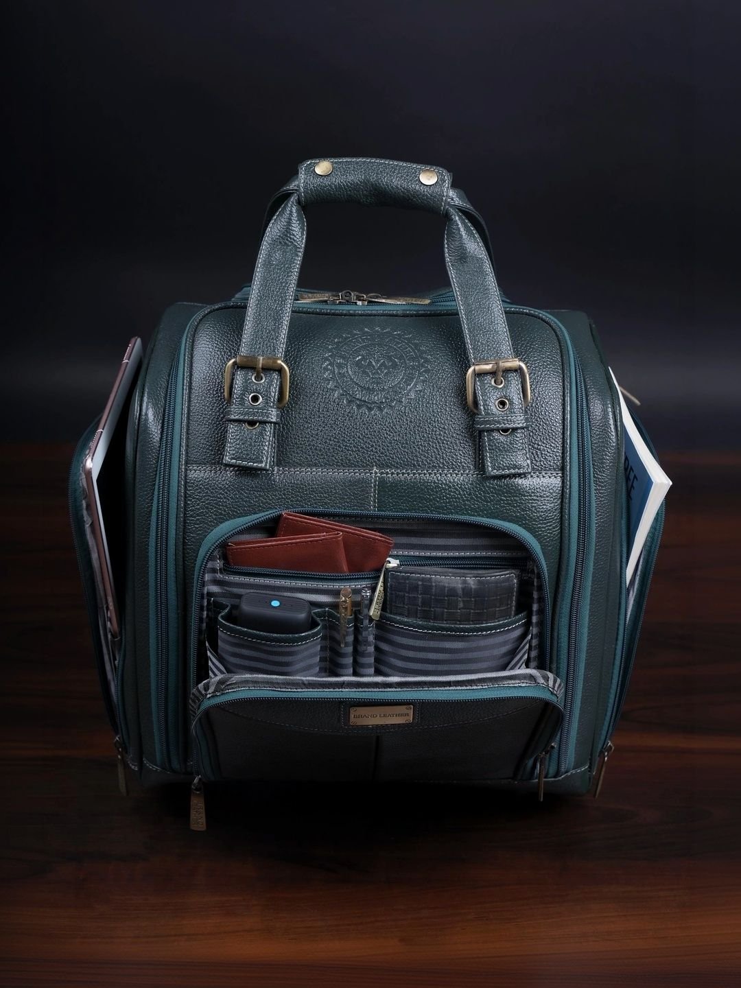 BRAND LEATHER Genuine Leather Underseat Carry-On Rolling Travel Luggage Trolley Bag - Image 4