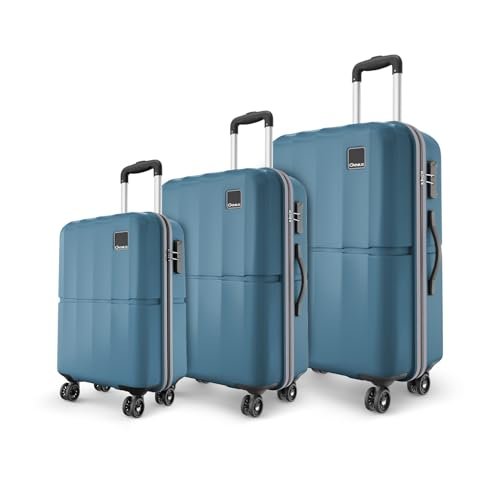 Safari Genius Theo 8 Wheels Set of 3 (Cabin + Medium + Large) Trolley Bags, Hard Case Polycarbonate, 360 Degree Wheeling Luggage, Suitcase for Travel, Trolley Bags for Travel, Pearl Blue
