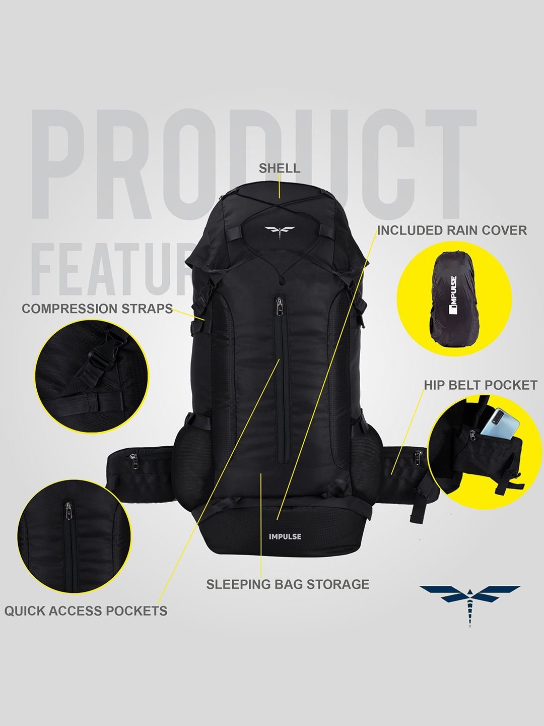 Impulse Unisex Travel Standard & Trekking Rucksack Bags - 65L - Image 2