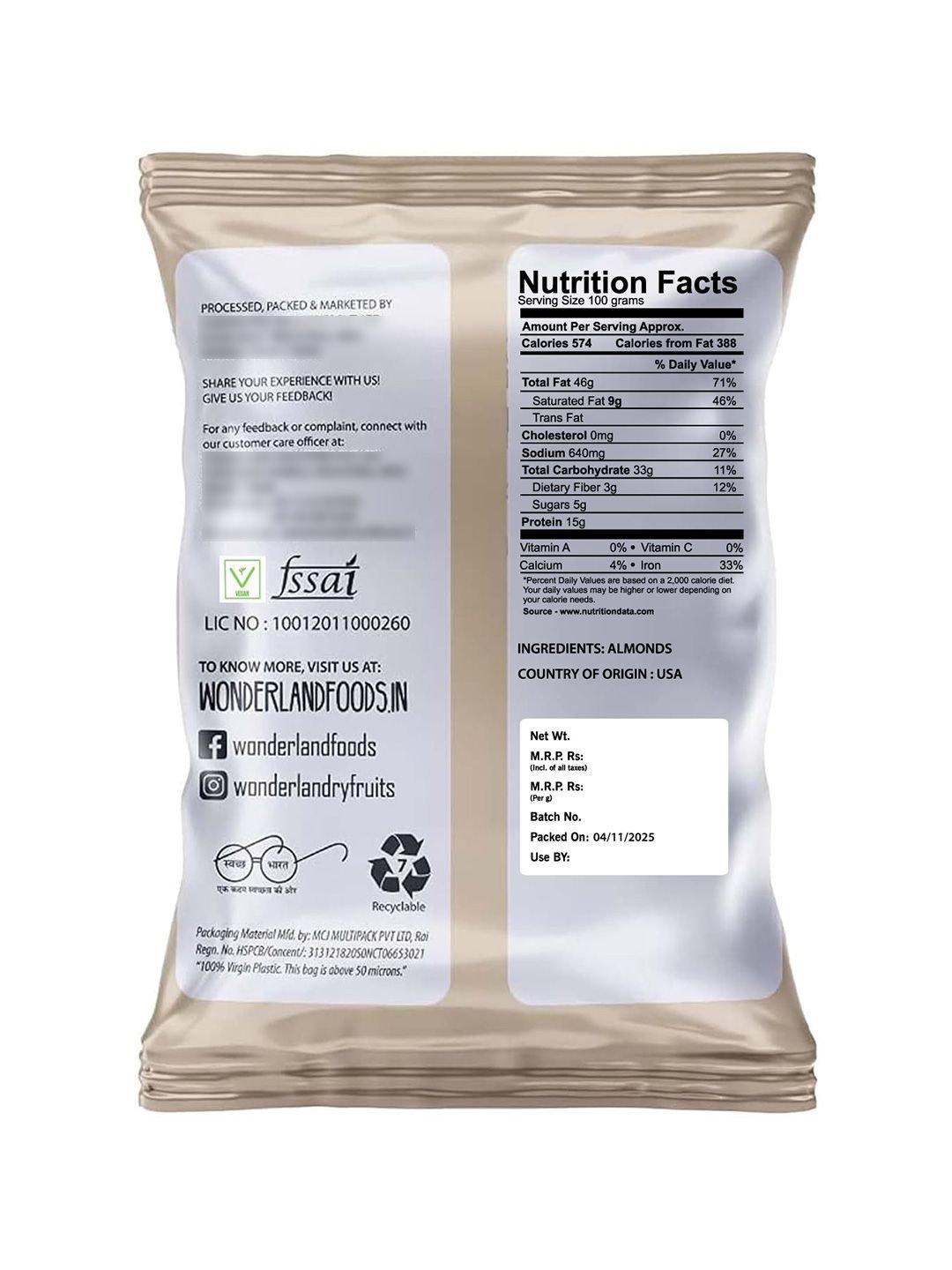 Wonderland Foods Pack Of 2 Premium Platinum California Almond  - 500g Each - Image 2