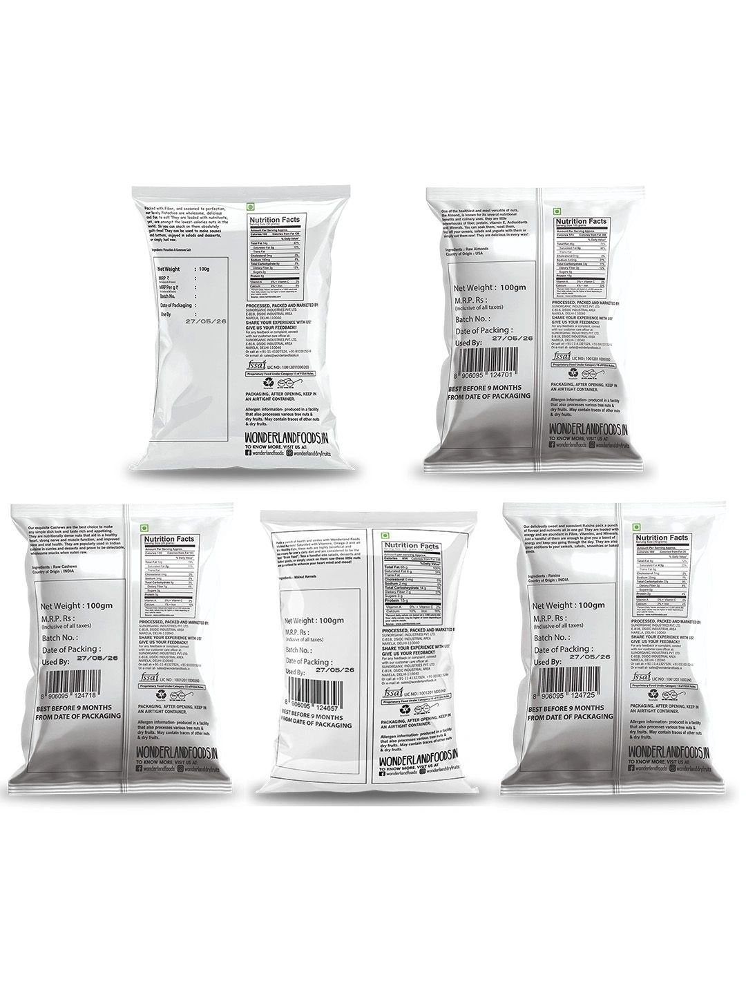 Wonderland Foods Set Of 5 Almond Cashew Pista Raisin & Walnut-100 g Each - Image 2