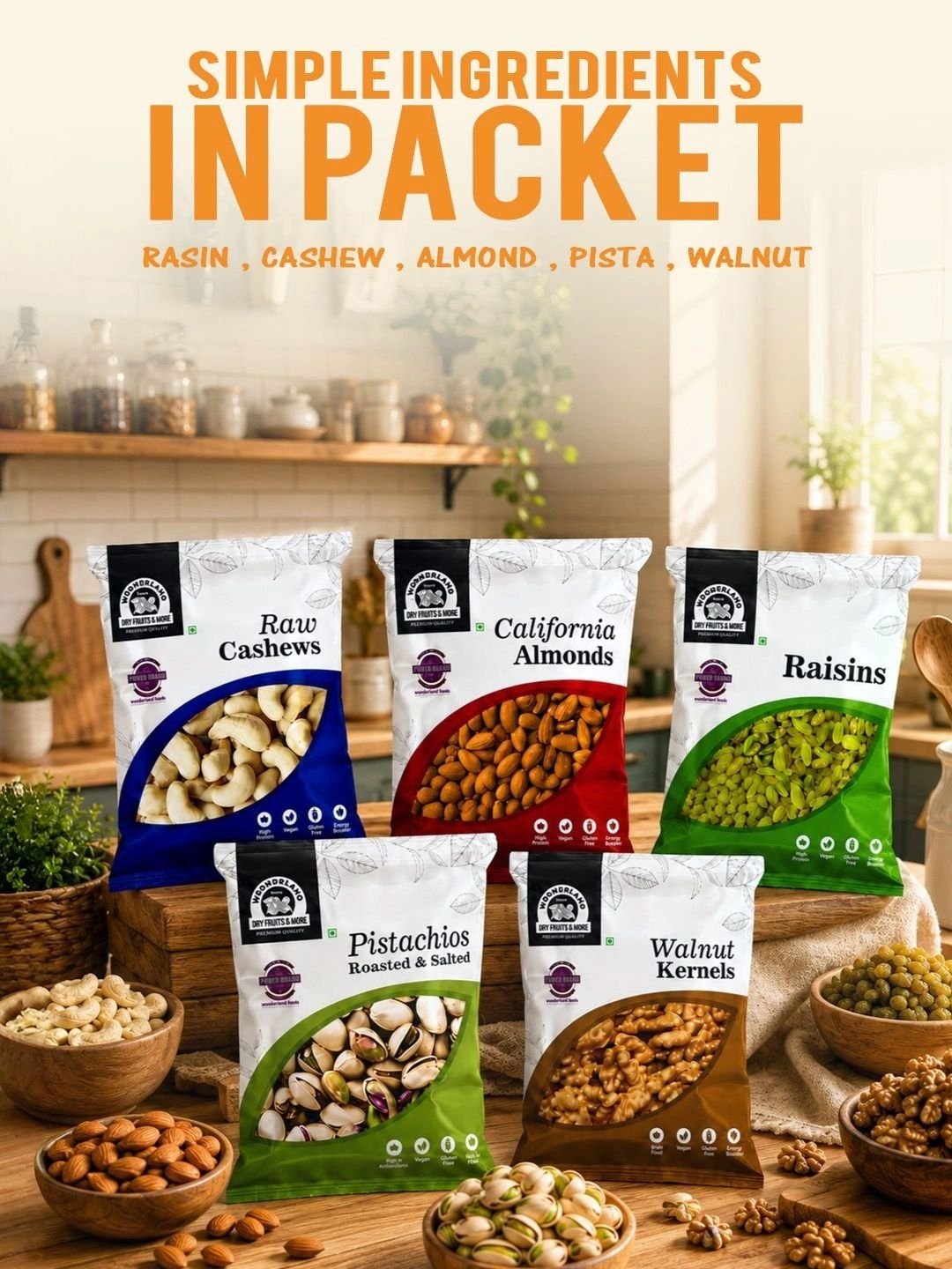 Wonderland Foods Set Of 5 Almond Cashew Pista Raisin & Walnut-100 g Each - Image 3