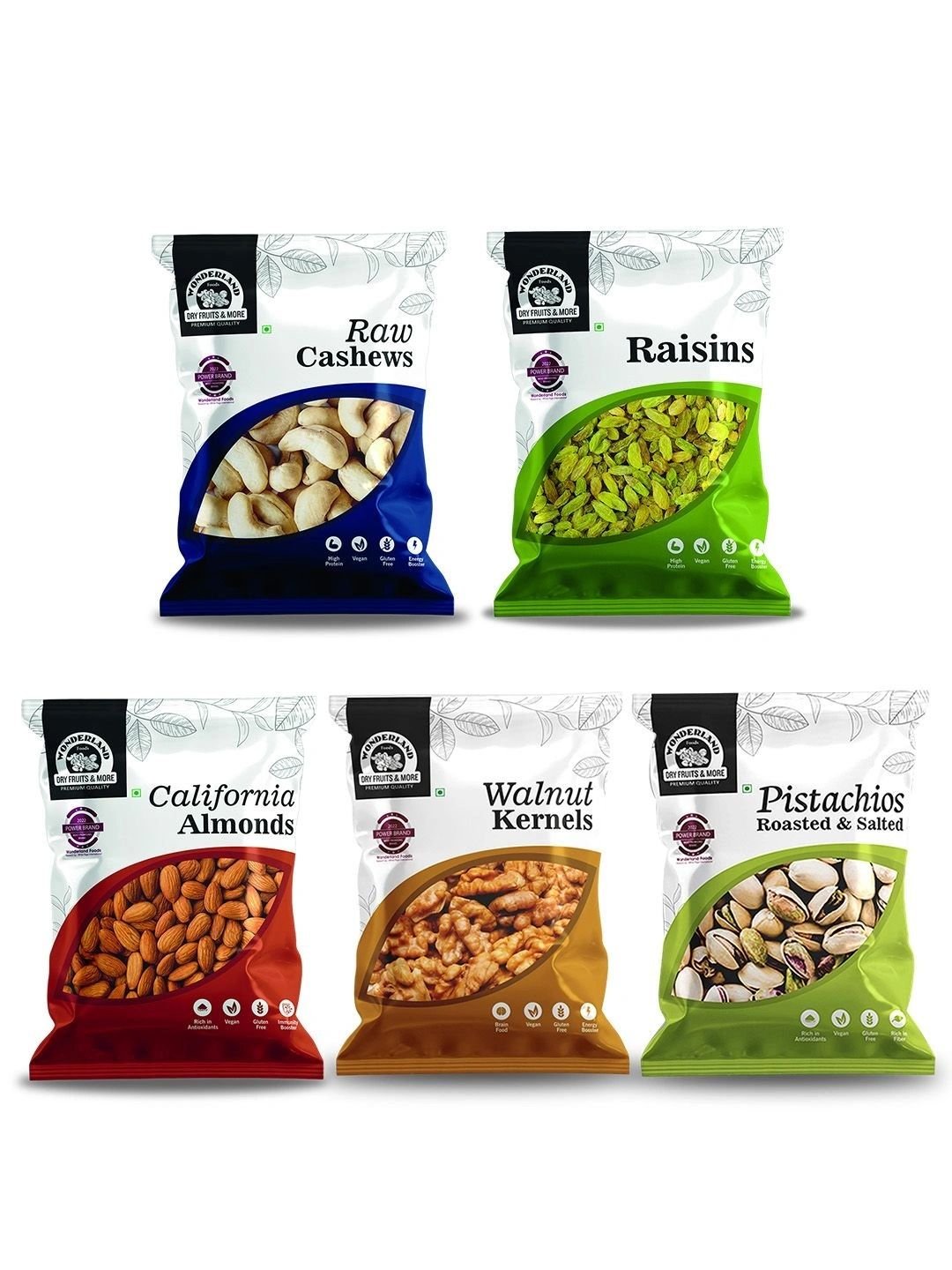 Wonderland Foods Set Of 5 Almond Cashew Pista Raisin & Walnut-100 g Each