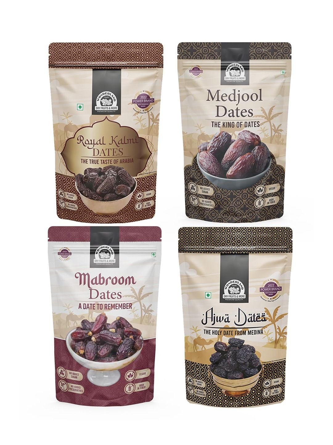 Wonderland Foods Pack Of 4 Premium Mabroom Kalmi Medjool & Ajwa Dates 200g Each