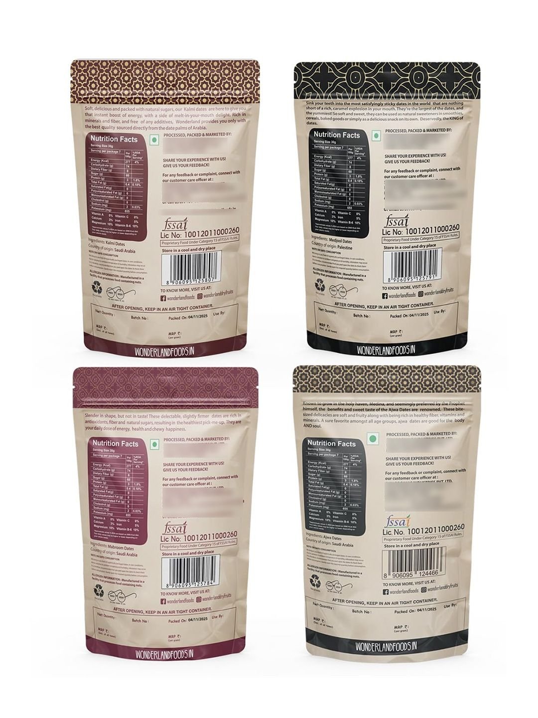 Wonderland Foods Pack Of 4 Premium Mabroom Kalmi Medjool & Ajwa Dates 200g Each - Image 2
