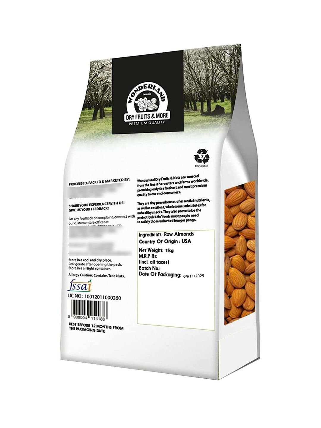 Wonderland Foods Premium Raw California Almonds 1Kg - Image 2