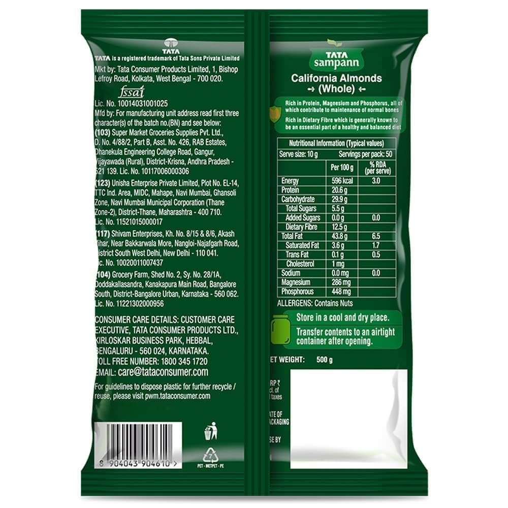 Tata Sampann Pure California Almonds/Badam Whole, 500g, Real Nuts, High in Fiber, Badam Giri, Rich in Protein, Magnesium, Phosphorus and Dietary Fibre, Nuts & Dry Fruits - Image 3