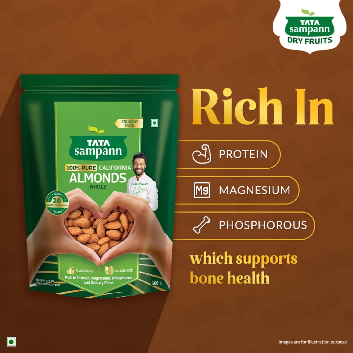 Tata Sampann Pure California Almonds/Badam Whole, 500g, Real Nuts, High in Fiber, Badam Giri, Rich in Protein, Magnesium, Phosphorus and Dietary Fibre, Nuts & Dry Fruits - Image 7