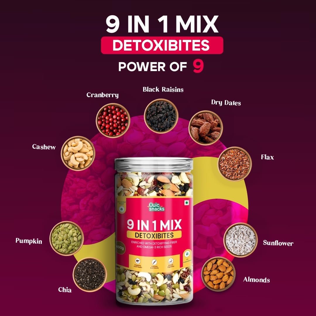 QuicSnacks 9-in-1 Mix Detoxibites Seeds 400g – Omega-3 Rich, Crunchy Vegetarian Trail Mix | Heart Health, Circulation & Energy Boost | Nuts, Seeds & Dry Fruits Snack - Image 4