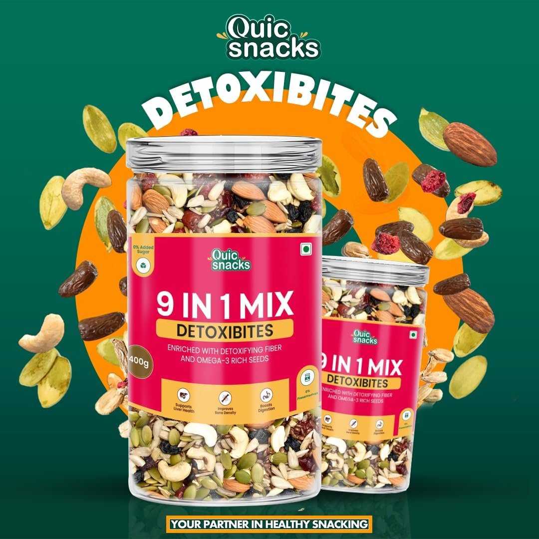 QuicSnacks 9-in-1 Mix Detoxibites Seeds 400g – Omega-3 Rich, Crunchy Vegetarian Trail Mix | Heart Health, Circulation & Energy Boost | Nuts, Seeds & Dry Fruits Snack - Image 5