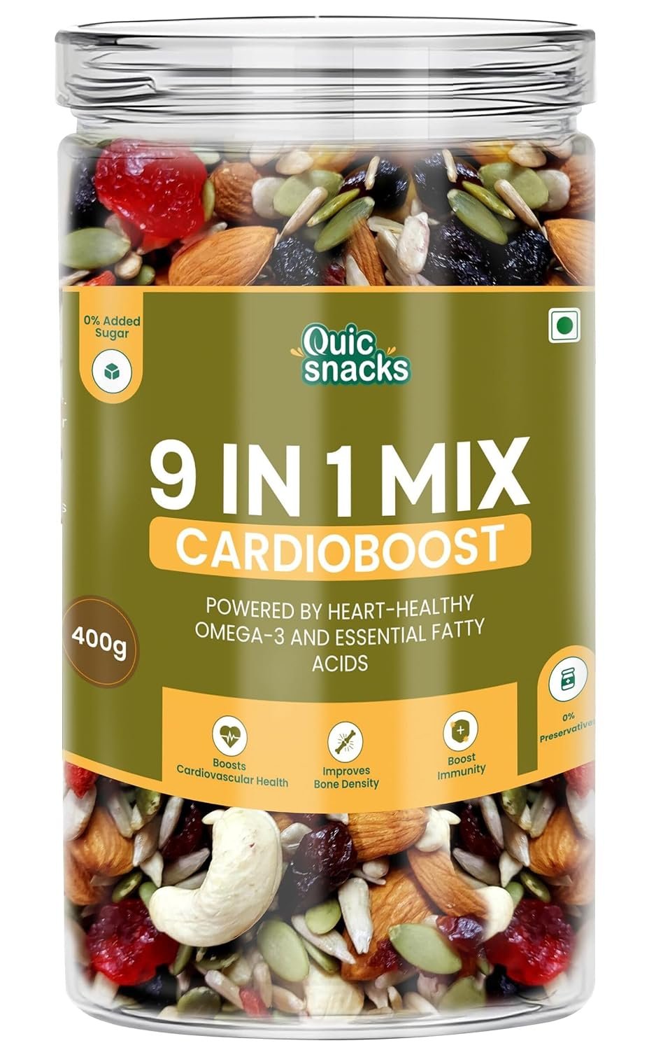QuicSnacks 9 in 1 Mix Cardioboost Seeds 400g | Nuts and Seeds Mix | Mixed Dry Fruits for Eating | Crunchy and Flavorful Snack | Trail Mix | Rich in Omega-3 | Improve Heart Health and Circulation (400gm)