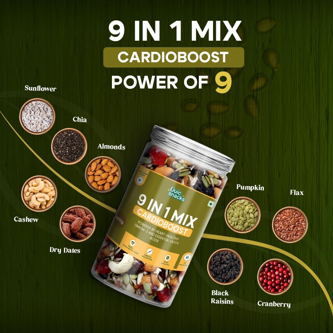 QuicSnacks 9 in 1 Mix Cardioboost Seeds 400g | Nuts and Seeds Mix | Mixed Dry Fruits for Eating | Crunchy and Flavorful Snack | Trail Mix | Rich in Omega-3 | Improve Heart Health and Circulation (400gm) - Image 4