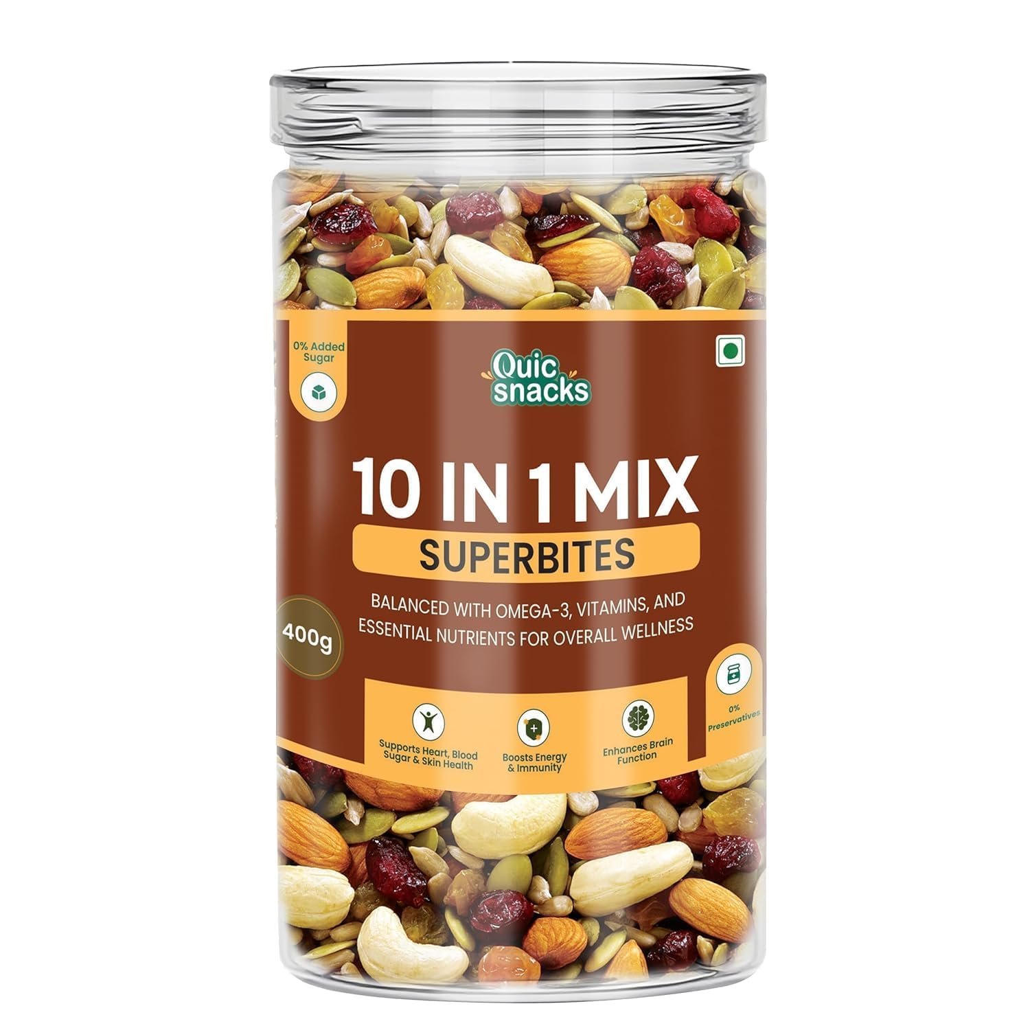 QuicSnacks 10 in 1 Mix Superbites Mix Seeds | Nuts and Seeds Mixes | Healthy Snack | Ready to Eat | Supports Heart Health, Boosts Energy, and Improves Overall Wellness (400gm)