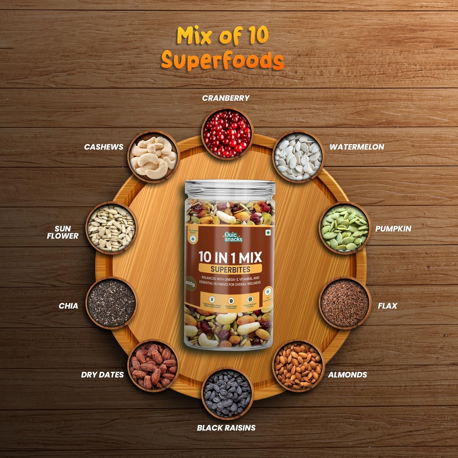 QuicSnacks 10 in 1 Mix Superbites Mix Seeds | Nuts and Seeds Mixes | Healthy Snack | Ready to Eat | Supports Heart Health, Boosts Energy, and Improves Overall Wellness (400gm) - Image 6