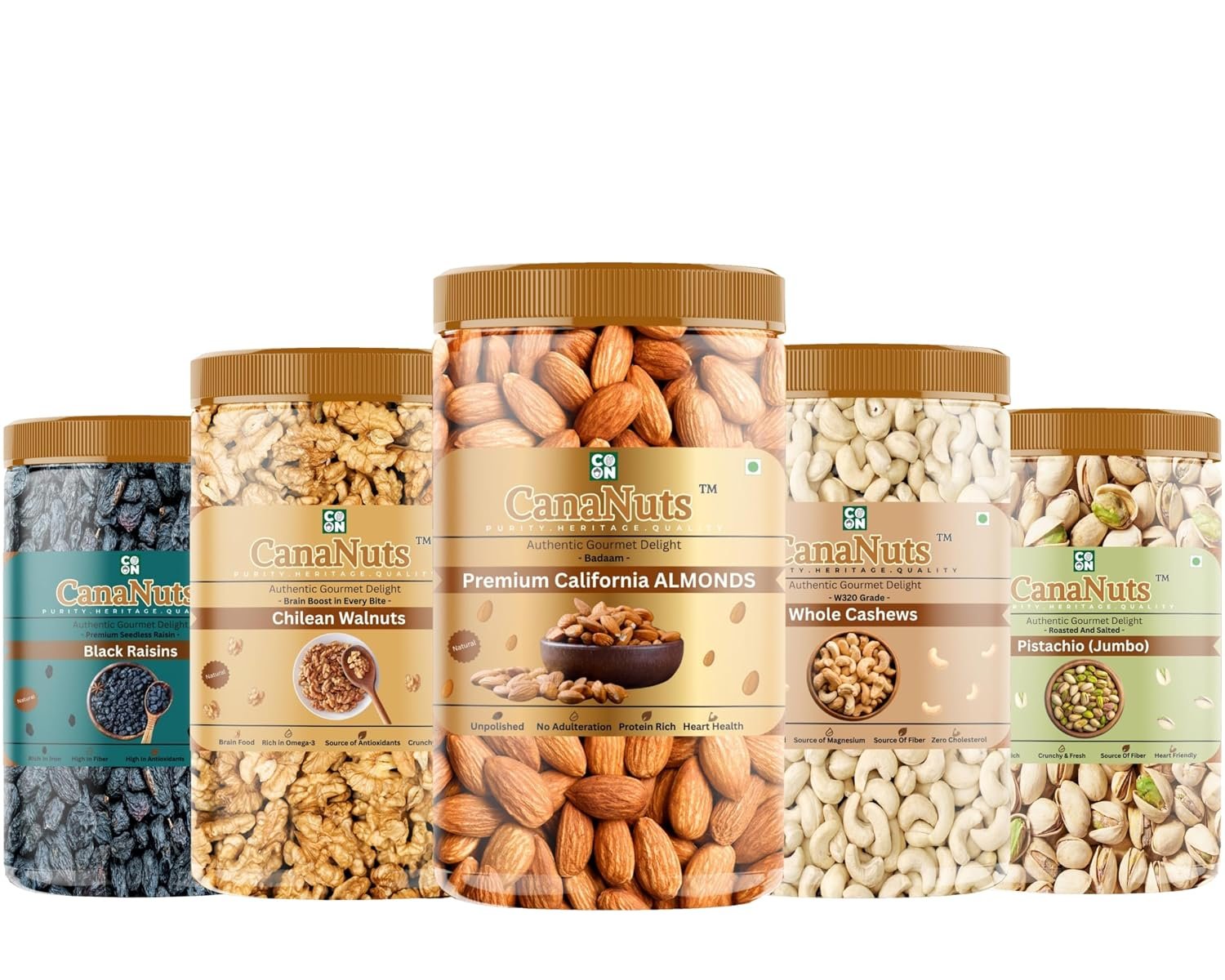 CanaNuts 100% Natural Premium Dry Fruits and Nuts Combo Healthy Cashews, Almonds, Black Raisins, Pistachios, Chilean walnuts Kernel Crunchy, Badam Kaju Pista Akhrot Kishmish | (500Gm X 5) 2.5KG