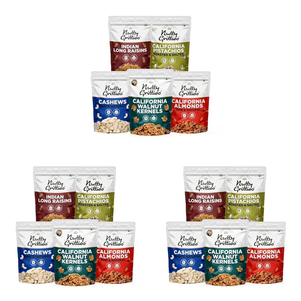 Nutty Gritties Mixed Dry Fruits Combo, 1Kg | California Almonds, Cashews Nuts, Long Green Raisins, California Walnuts Kernels, Roasted Salted Pistachios Pista | Resealable Pouch - (200g Each)