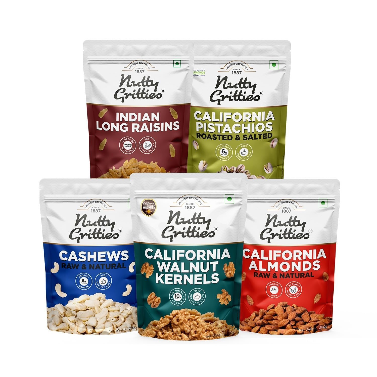 Nutty Gritties Mixed Dry Fruits Combo, 1Kg | California Almonds, Cashews Nuts, Long Green Raisins, California Walnuts Kernels, Roasted Salted Pistachios Pista | Resealable Pouch - (200g Each) - Image 3