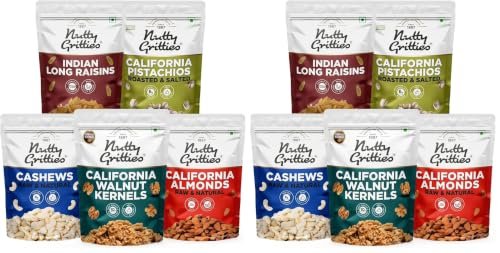 Nutty Gritties Mixed Dry Fruits Combo, 1Kg | California Almonds, Cashews Nuts, Long Green Raisins, California Walnuts Kernels, Roasted Salted Pistachios Pista | Resealable Pouch - (200g Each) - Image 5