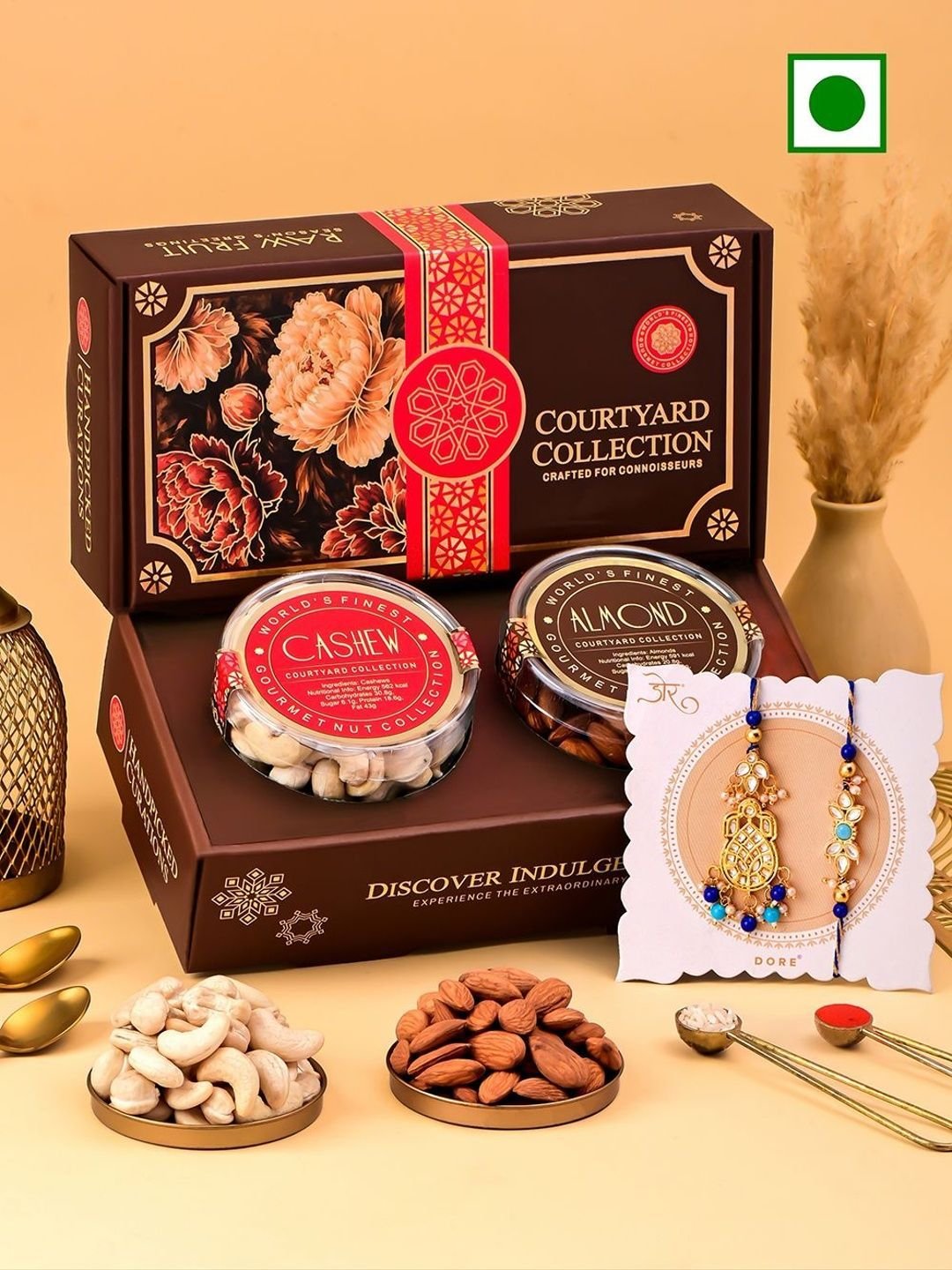 RawFruit Courtyard Collection Set Of 2 Bhaiya Bhabhi Rakhi With Dry Fruits Gift