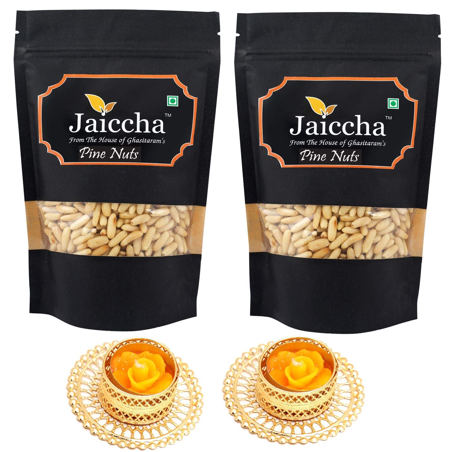 Ghasitaram Gifts Jaiccha Pine Nuts Without Shell (Chilgoza) 400 GMS in Black Paper Pouch with 2 T-Lites|Dry Fruit Combo Pack Offer|Dry Fruit Gift Pack|Dry Fruit Box|Diwali Dry Fruit Gift Box|Mix Nut|