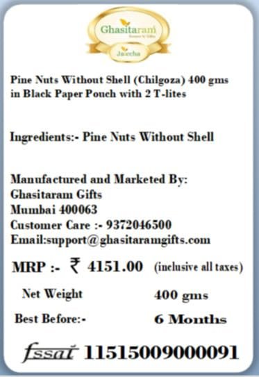 Ghasitaram Gifts Jaiccha Pine Nuts Without Shell (Chilgoza) 400 GMS in Black Paper Pouch with 2 T-Lites|Dry Fruit Combo Pack Offer|Dry Fruit Gift Pack|Dry Fruit Box|Diwali Dry Fruit Gift Box|Mix Nut| - Image 5