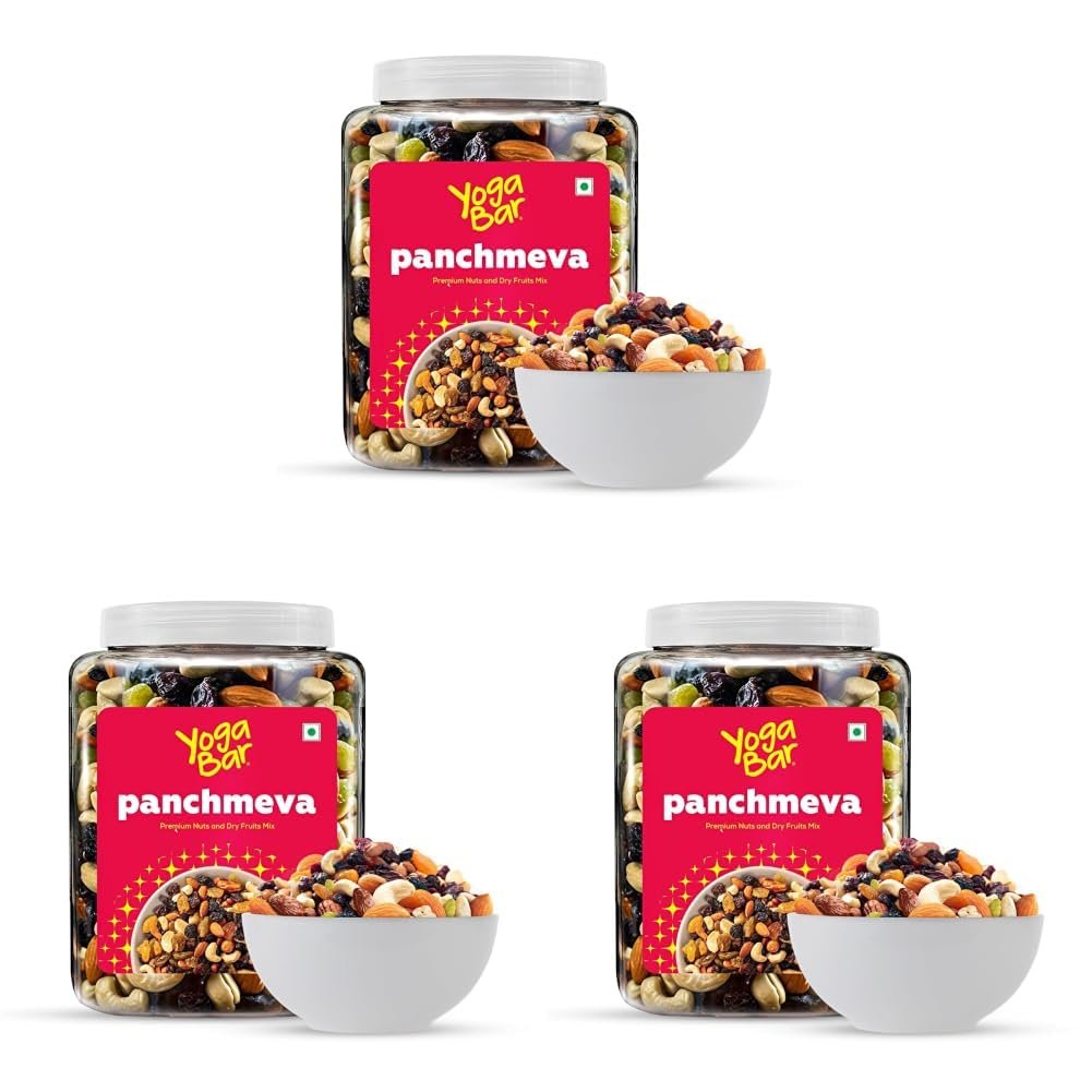 Yogabar Panchmeva Premium Nuts and Dry Fruits Mix- 850 gm-Jar | Almonds | Cashews | Raisin | Dates (Pack of 3)