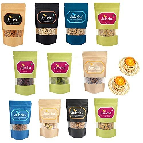Ghasitaram Gifts Jaiccha - Pack of 11 dryfruits with 2 T-Lites|Dry Fruit Combo Pack Offer|Dry Fruit Gift Pack|Dry Fruit Box|Diwali Dry Fruit Gift Box|
