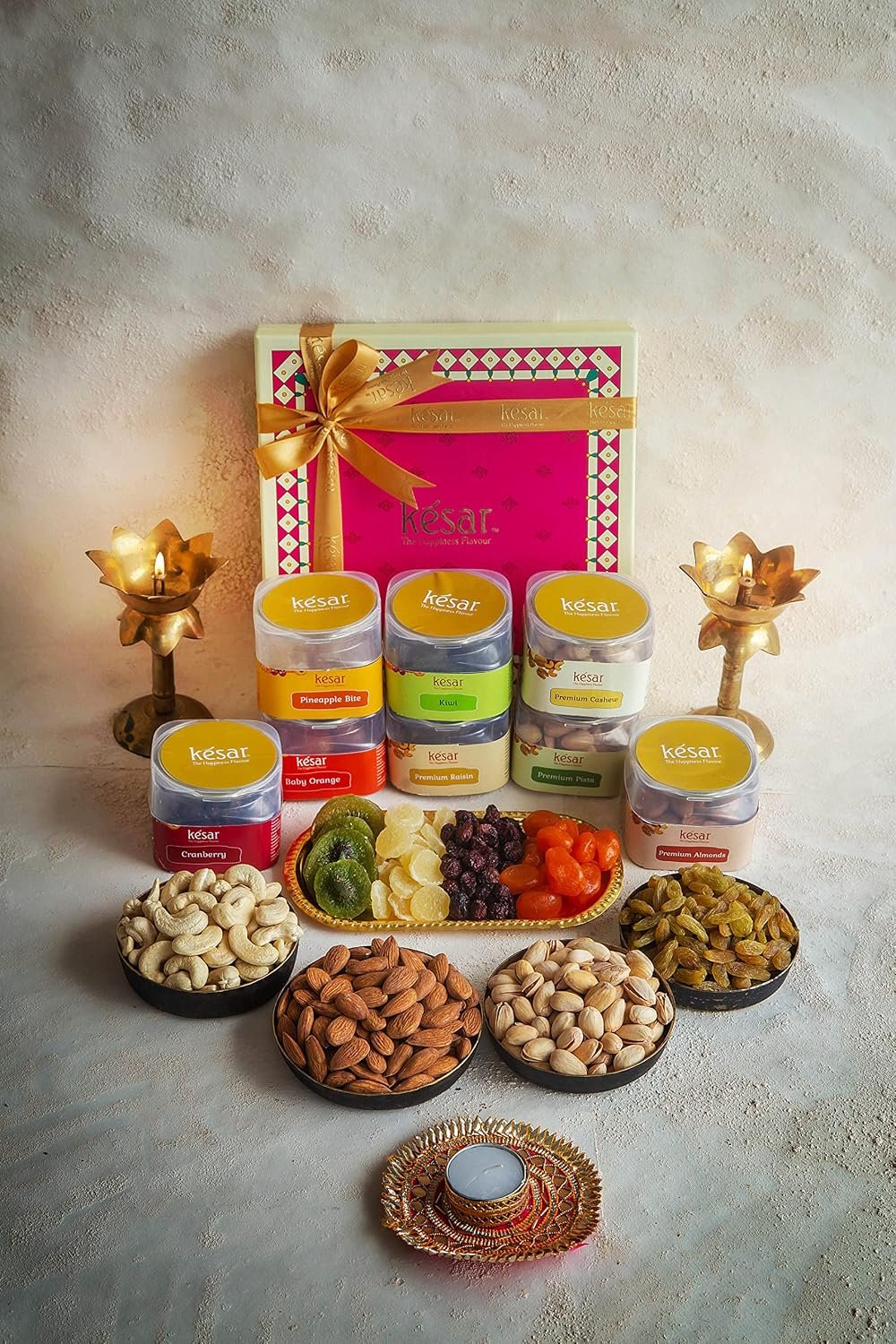 Dessert Drama Permium Dry Fruits Gift Box with Cashews, Almonds, Pistachios, Raisins, Sundried Pineapple, Sundried Kiwi, Sundried Cranberry, Sundried Orange (100g Each) with Rakhi Set For Gift - Image 7