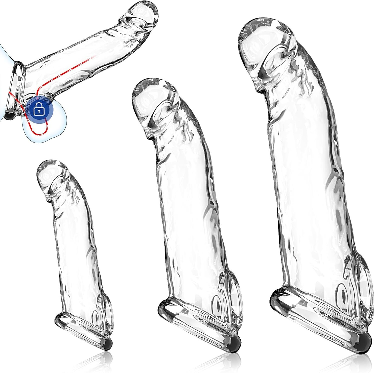 3 Sizes Reusable Penis Sleeve with Cock Ring for Men & Couples | Designed with 3 sizes for a better fit, clear flexible TPU, curved design and secure ring support for shared comfort.