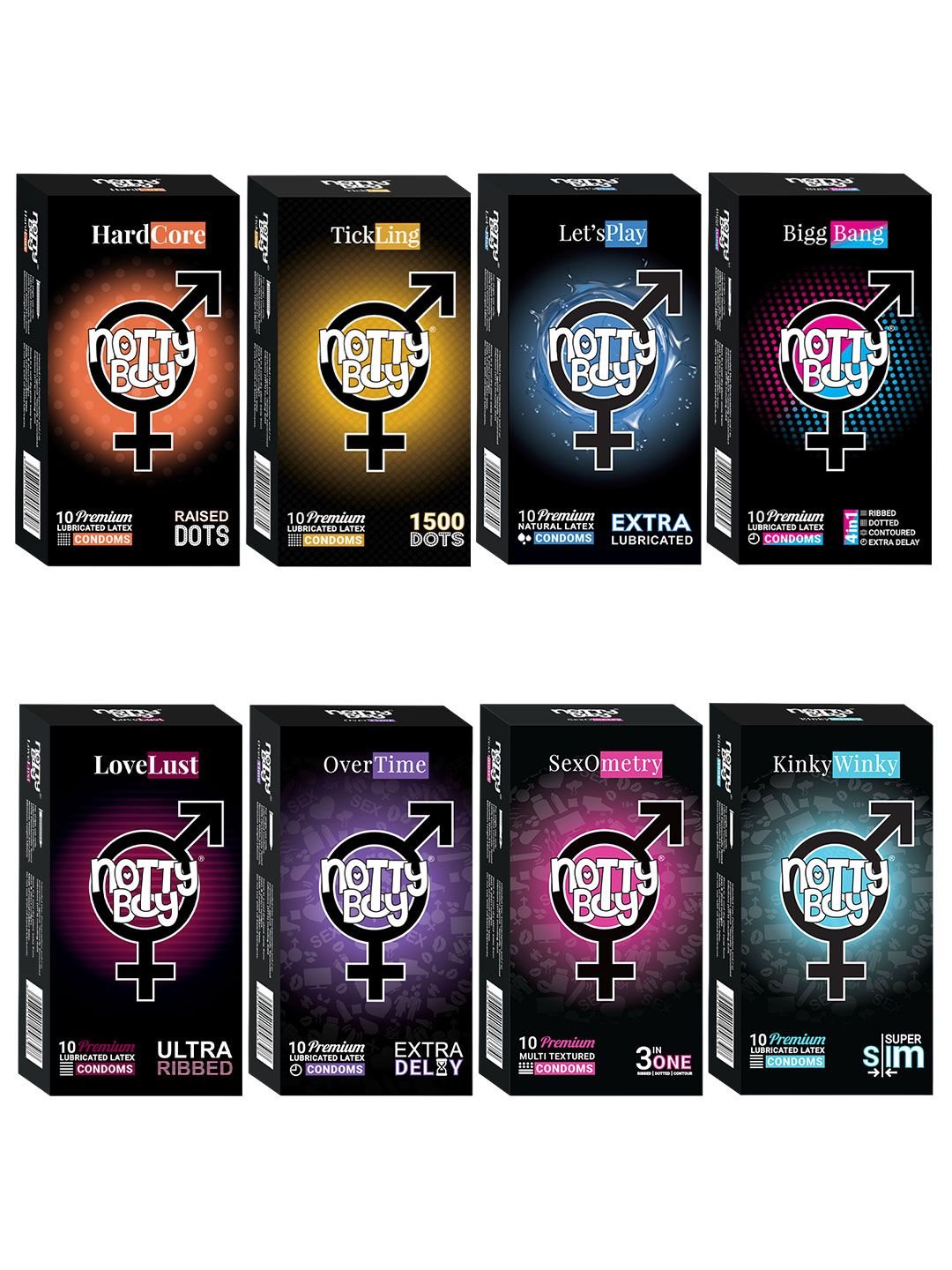 noTTy Boy Set of 8 Honeymoon Pack Combo Condom - 10 Pcs Each