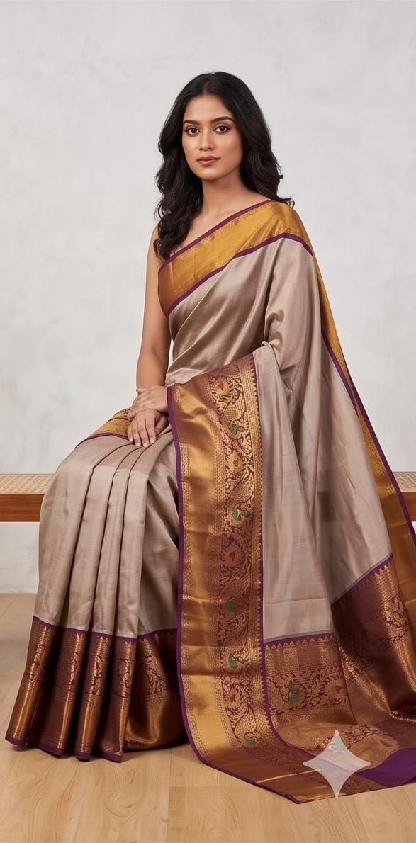 Women's Pure Gadwal Silk Pattu Saree | Grey & Copper Gold Handloom Saree with Traditional Peacock Zari Border | Authentic Kuppadam Silk Saree for Weddings