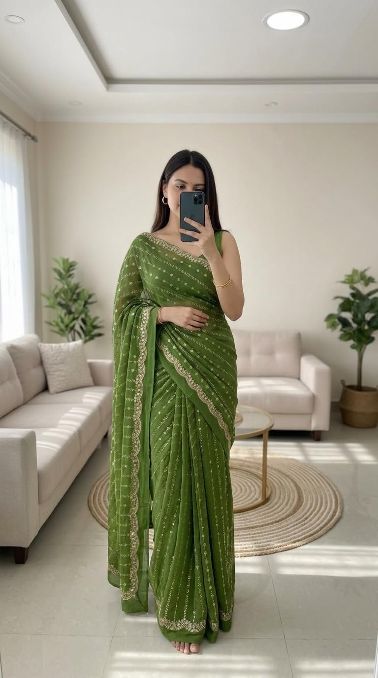 RADHA Women’s Embroidery Work Saree with Designer Border for Festive and Traditional Ethnic Drape Saree with Detailed Thread Style Pattern and Elegant Occasion Look - Image 2