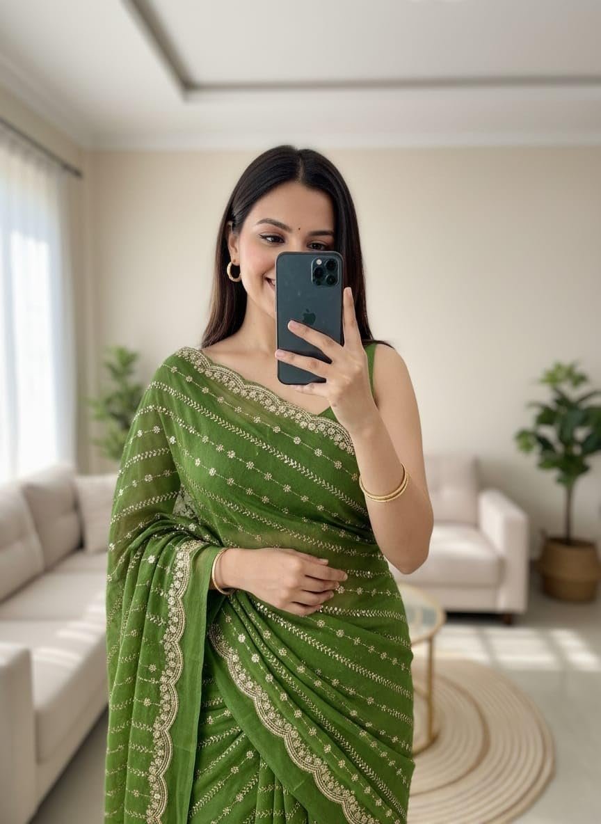 RADHA Women’s Embroidery Work Saree with Designer Border for Festive and Traditional Ethnic Drape Saree with Detailed Thread Style Pattern and Elegant Occasion Look - Image 5
