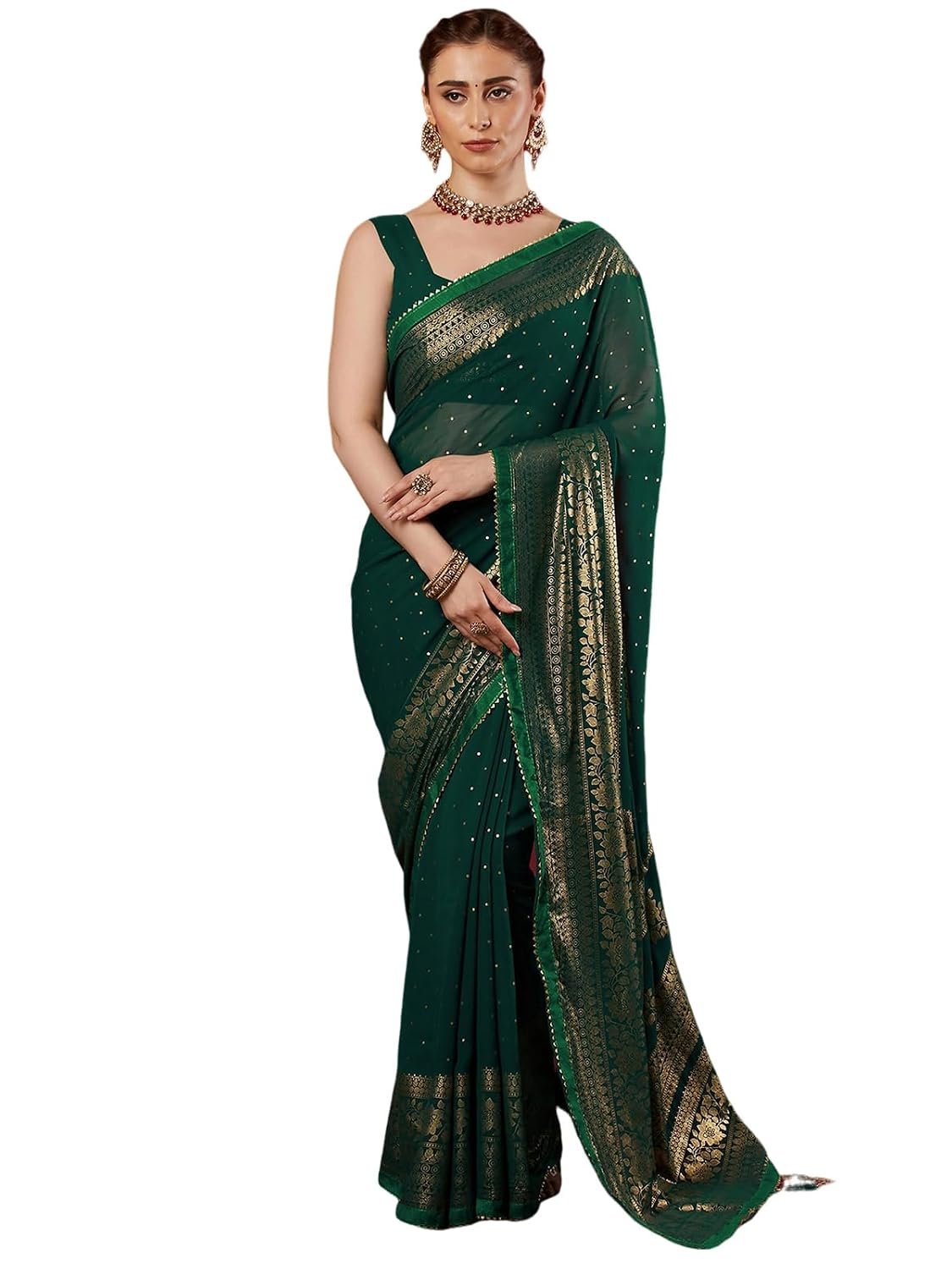 SAMAH Women's Georgette Foil Printed Lace Work Saree with Unstitched Blouse Piece - Image 2