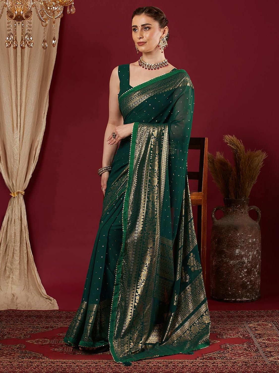 SAMAH Women's Georgette Foil Printed Lace Work Saree with Unstitched Blouse Piece - Image 3