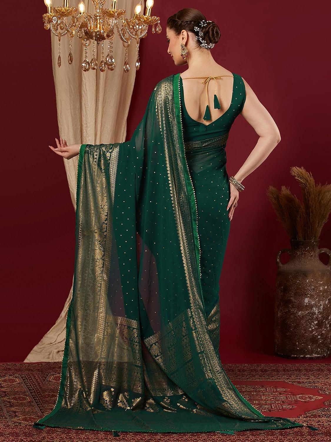 SAMAH Women's Georgette Foil Printed Lace Work Saree with Unstitched Blouse Piece - Image 4