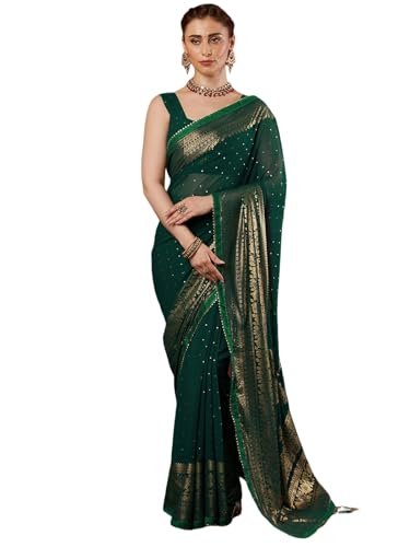 SAMAH Women's Georgette Foil Printed Lace Work Saree with Unstitched Blouse Piece - Image 7