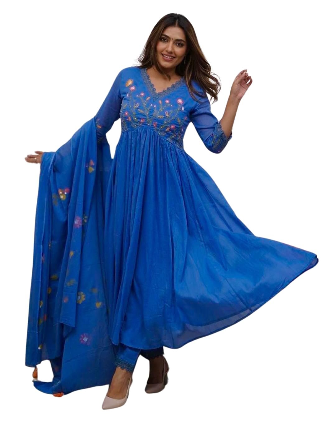 Women's Cotton Embroidered Long Anarkali Kurti with Pant and Dupatta Set