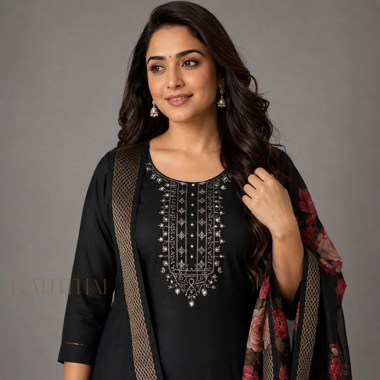 Kaththai Women Embroidered Kurta and Pant Set with Dupatta | Ethnic Suit Set for Women | Floral Printed Organza Dupatta | Festive, & Traditional Kurta Set - Image 2