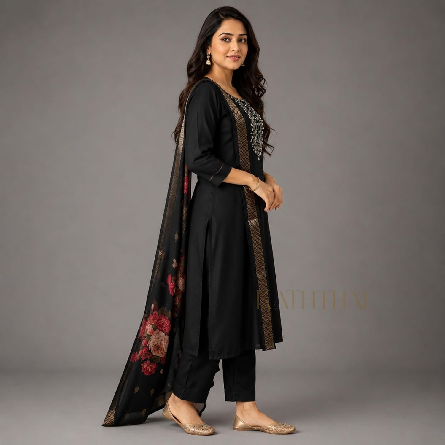 Kaththai Women Embroidered Kurta and Pant Set with Dupatta | Ethnic Suit Set for Women | Floral Printed Organza Dupatta | Festive, & Traditional Kurta Set - Image 3
