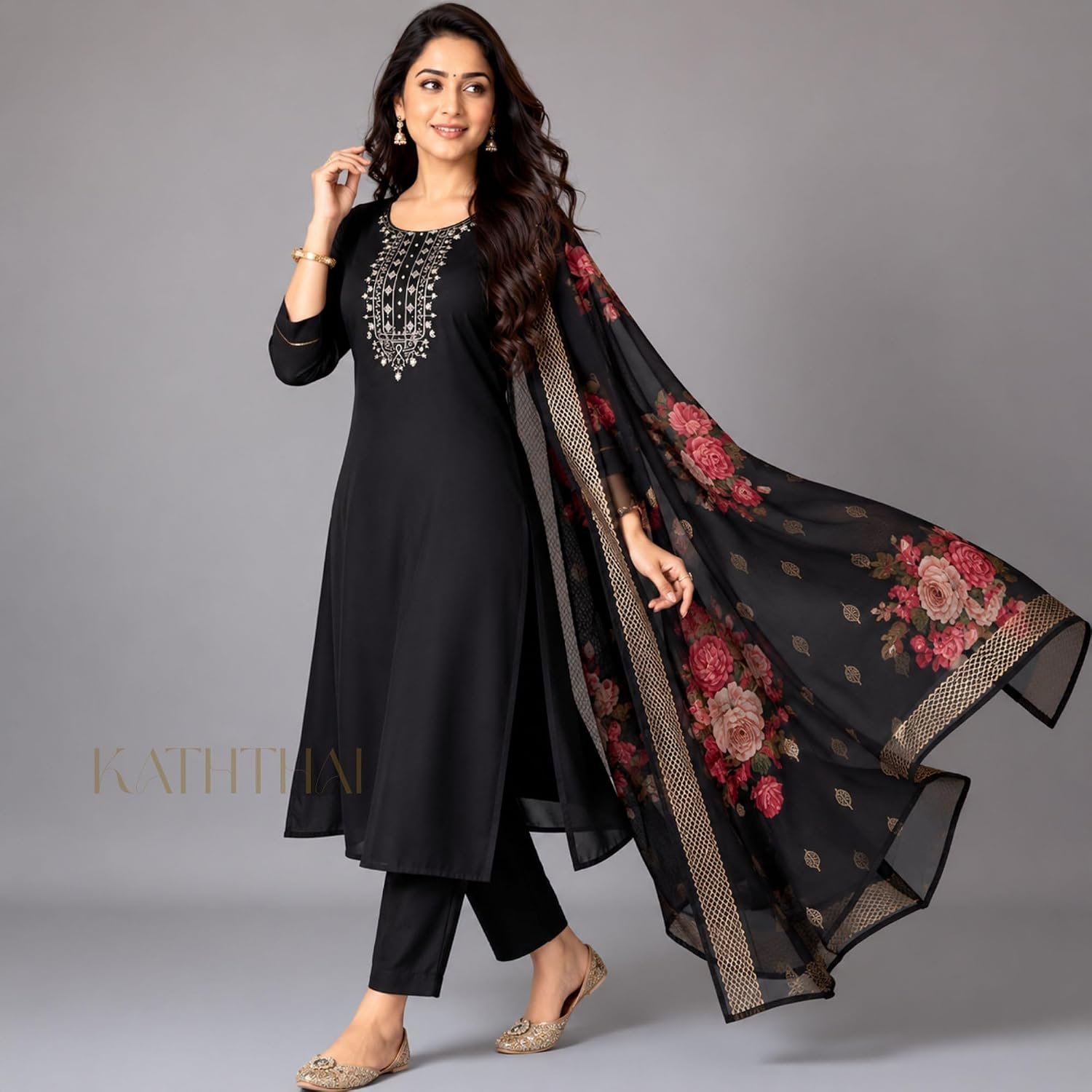 Kaththai Women Embroidered Kurta and Pant Set with Dupatta | Ethnic Suit Set for Women | Floral Printed Organza Dupatta | Festive, & Traditional Kurta Set - Image 4