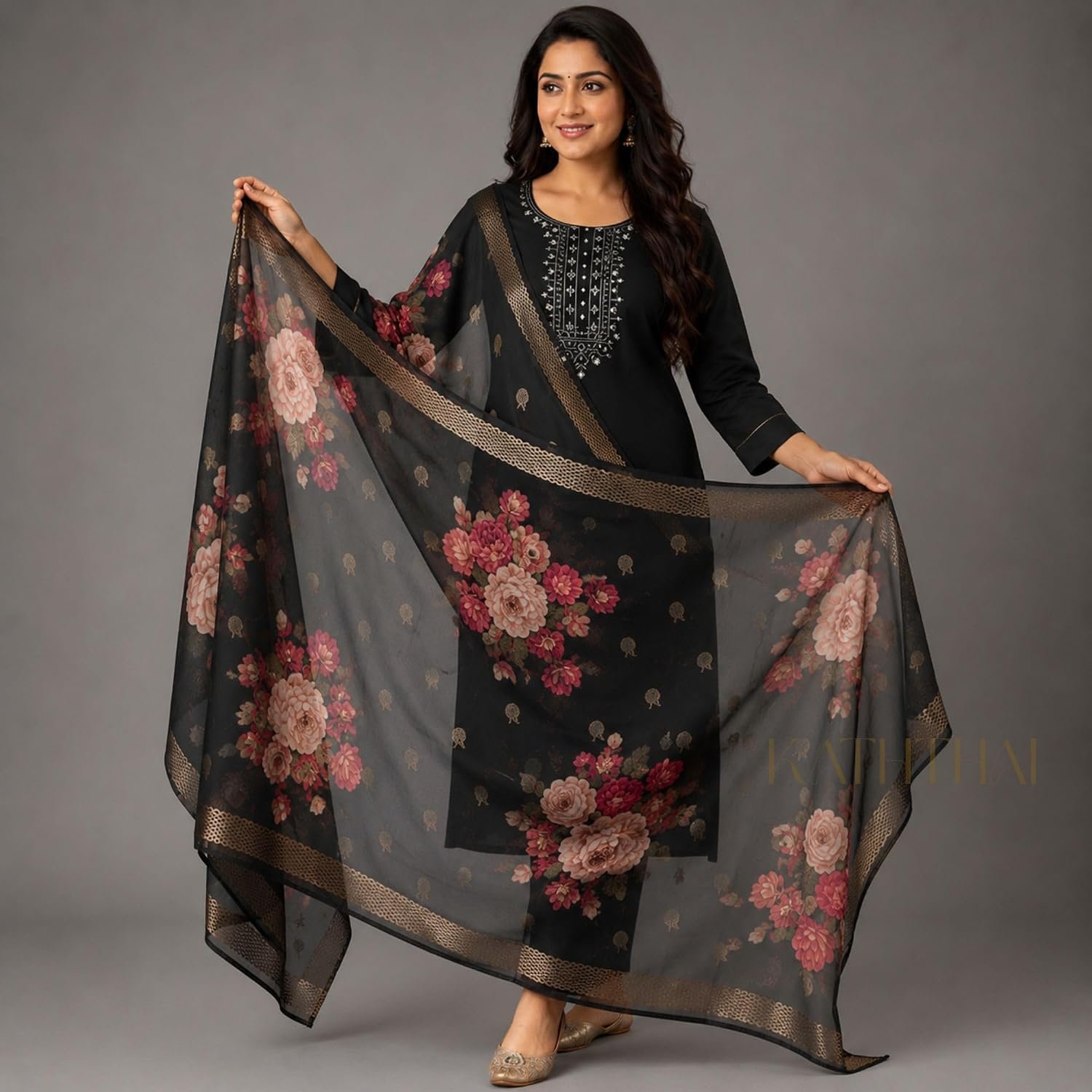 Kaththai Women Embroidered Kurta and Pant Set with Dupatta | Ethnic Suit Set for Women | Floral Printed Organza Dupatta | Festive, & Traditional Kurta Set - Image 5