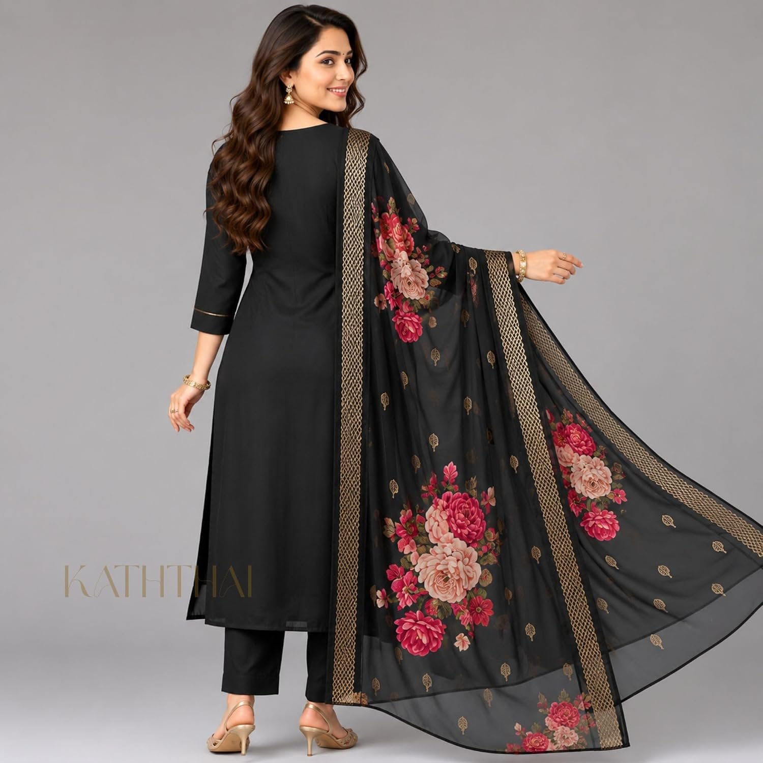 Kaththai Women Embroidered Kurta and Pant Set with Dupatta | Ethnic Suit Set for Women | Floral Printed Organza Dupatta | Festive, & Traditional Kurta Set - Image 6