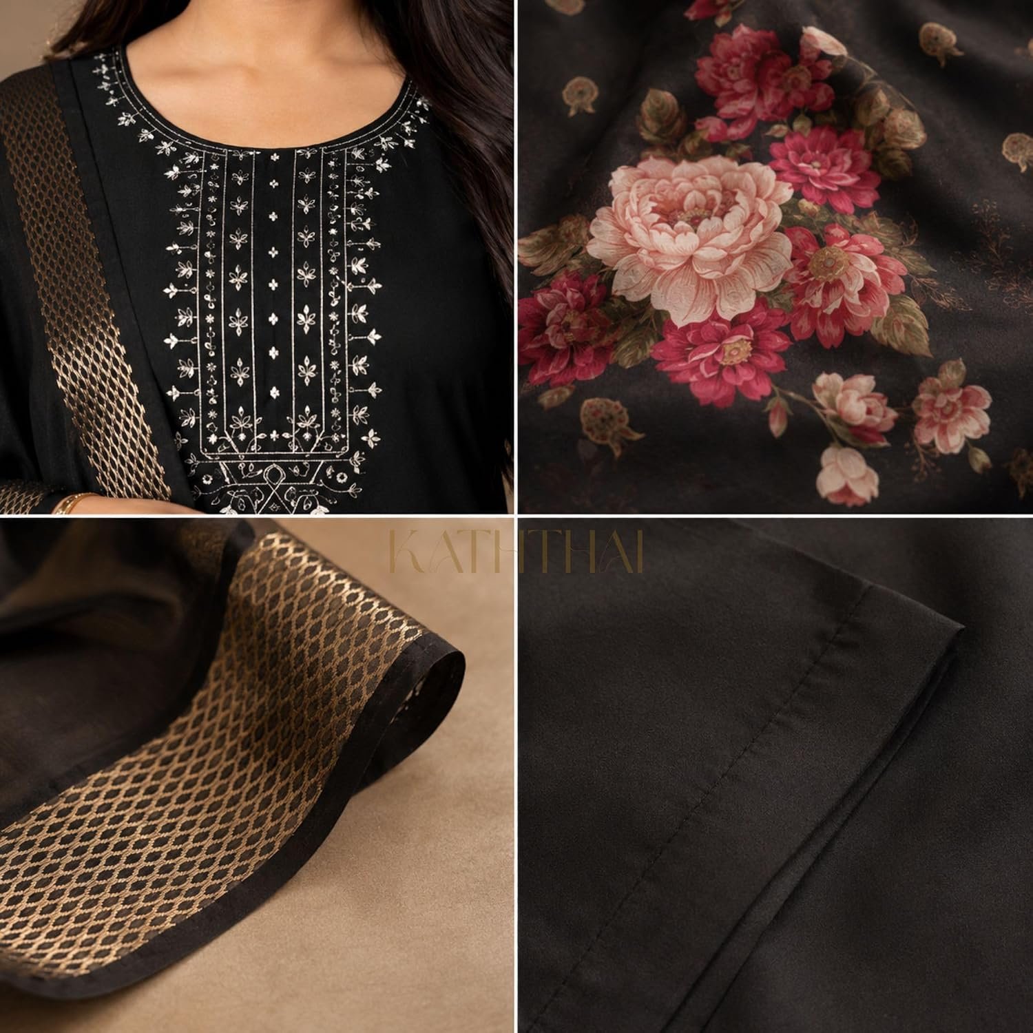 Kaththai Women Embroidered Kurta and Pant Set with Dupatta | Ethnic Suit Set for Women | Floral Printed Organza Dupatta | Festive, & Traditional Kurta Set - Image 7