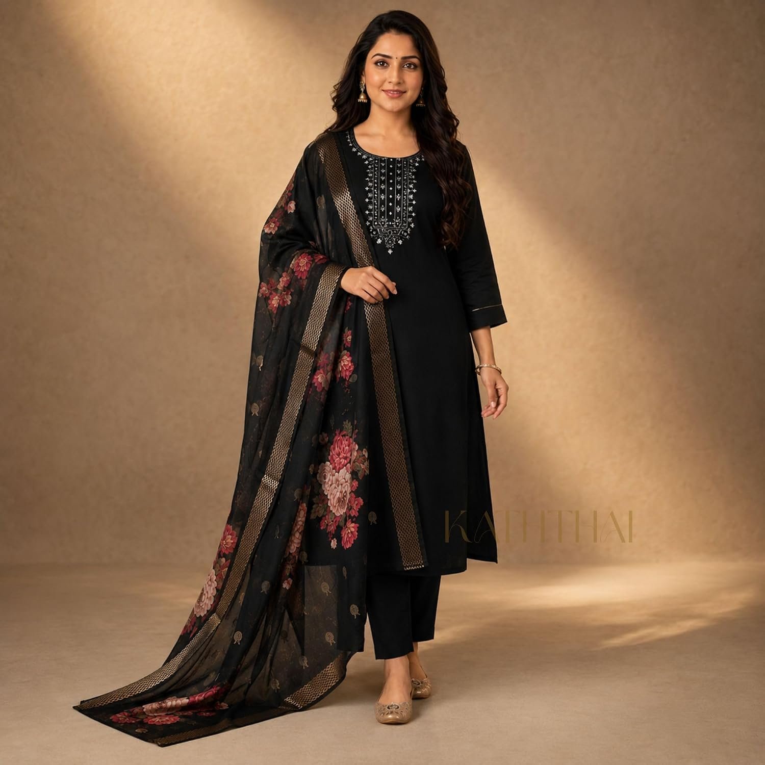 Kaththai Women Embroidered Kurta and Pant Set with Dupatta | Ethnic Suit Set for Women | Floral Printed Organza Dupatta | Festive, & Traditional Kurta Set - Image 8