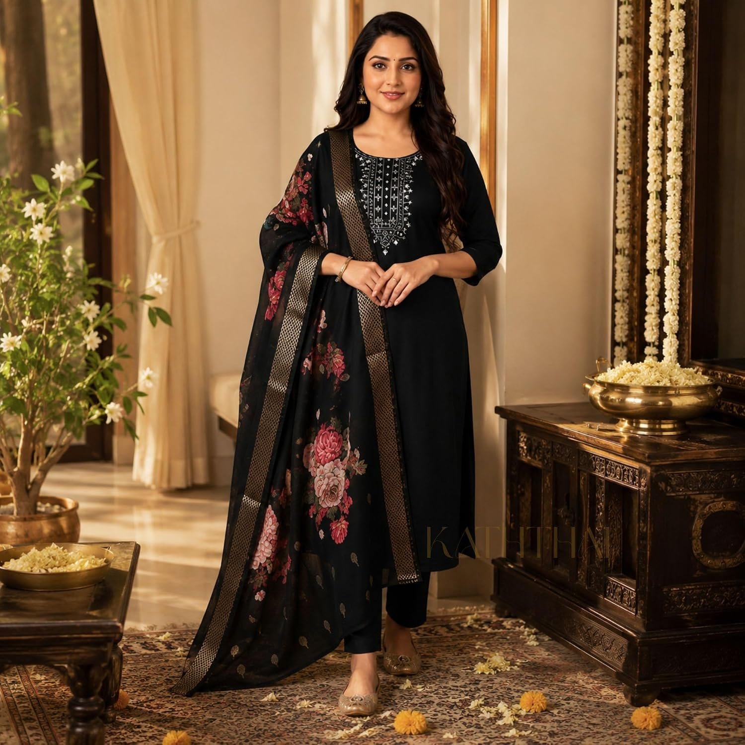 Kaththai Women Embroidered Kurta and Pant Set with Dupatta | Ethnic Suit Set for Women | Floral Printed Organza Dupatta | Festive, & Traditional Kurta Set - Image 9